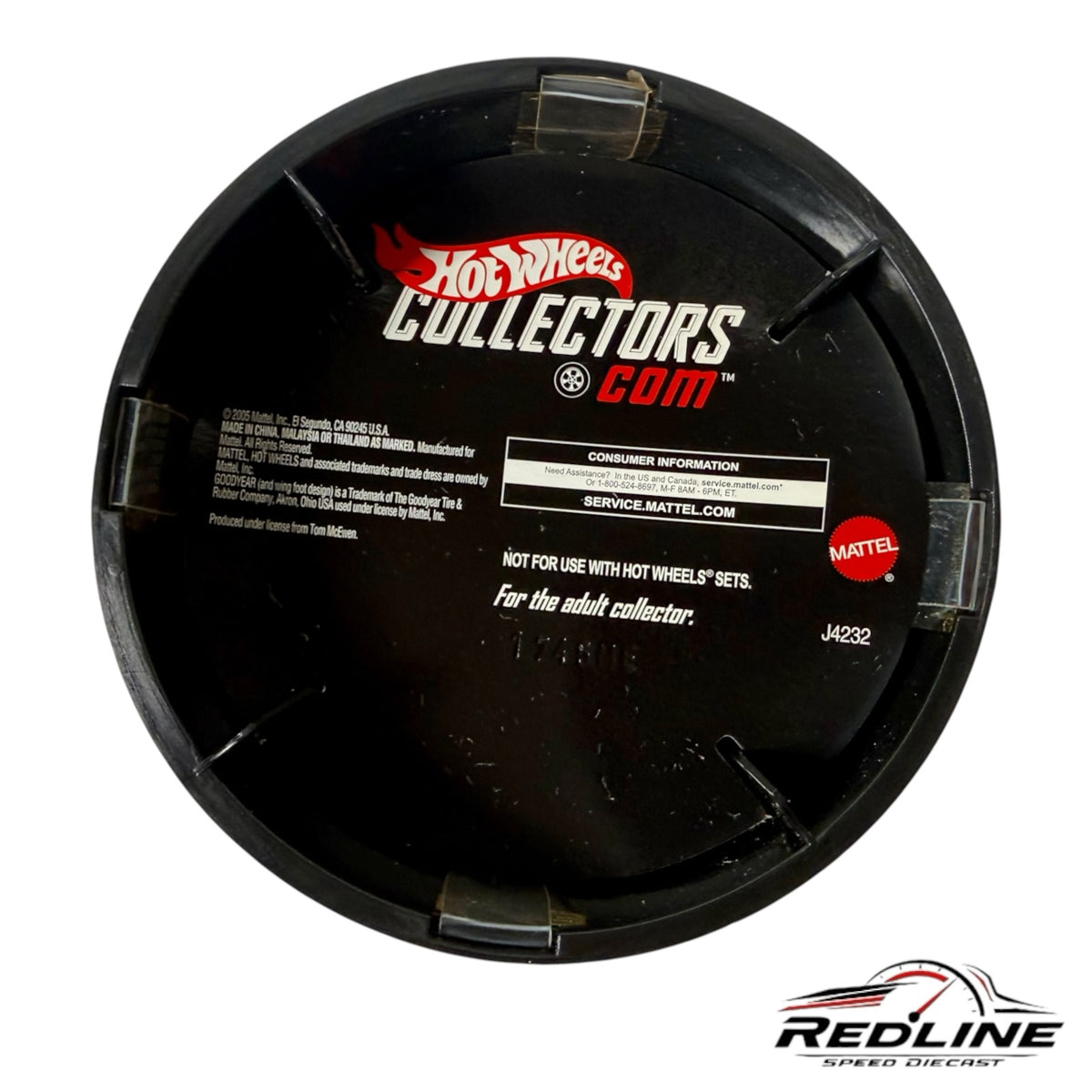 Redline Speed Diecast Hot Wheels Mongoose Rocket Oil collectible vehicle tire-shaped display case back view