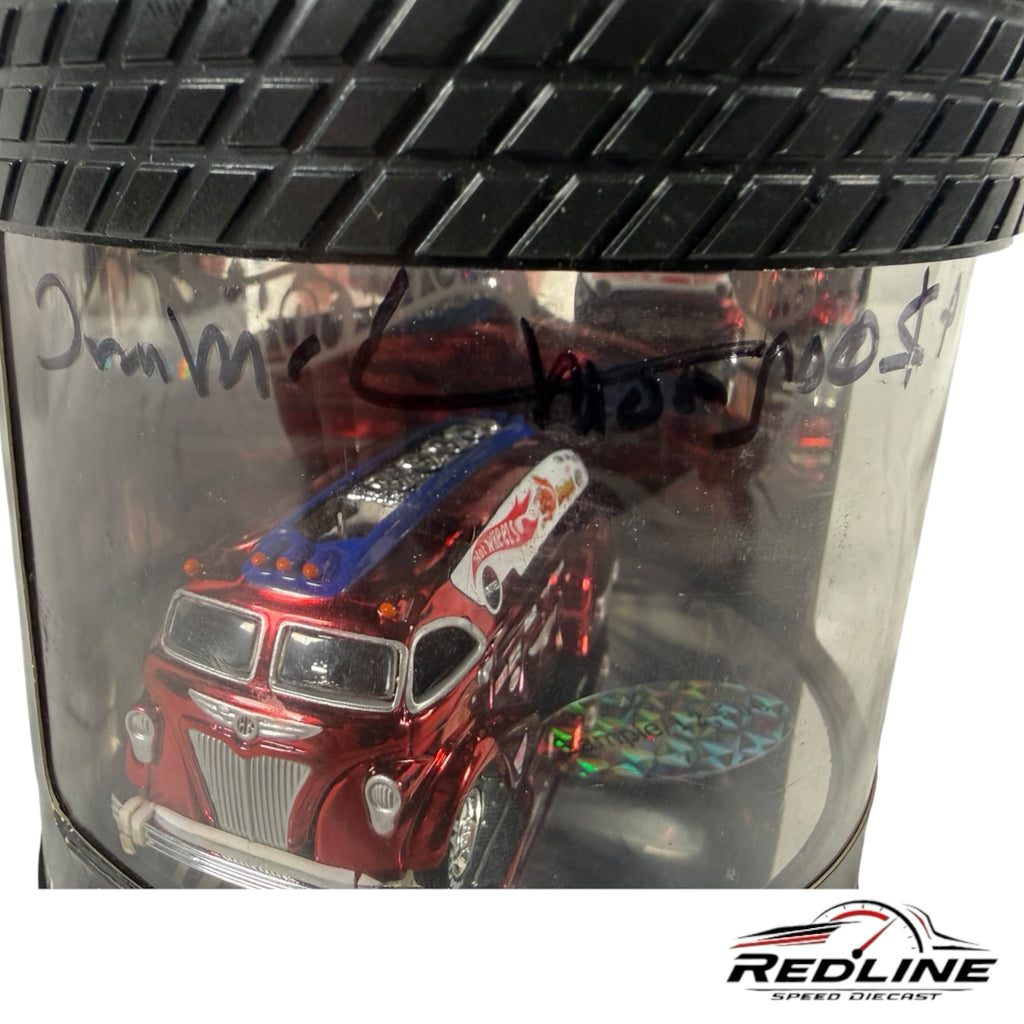 Redline Speed Diecast Mongoose Rocket Oil drag racing hauler in a red Spectraflame finish inside a tire-tread case.