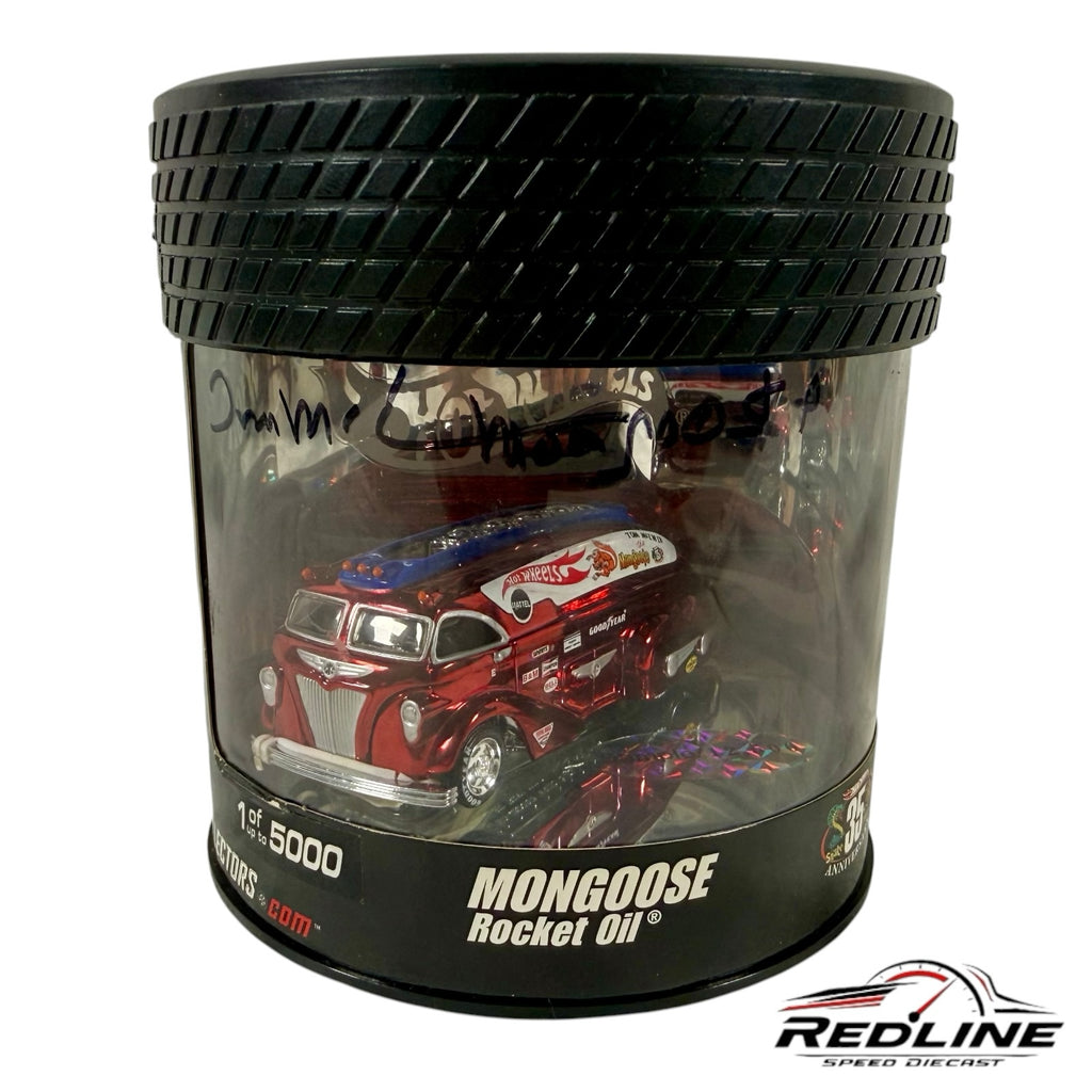 Redline Speed Diecast Mongoose Rocket Oil drag hauler in red Spectraflame finish inside a tire-tread display case