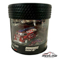 Redline Speed Diecast Mongoose Rocket Oil drag hauler in red Spectraflame finish inside a tire-tread display case