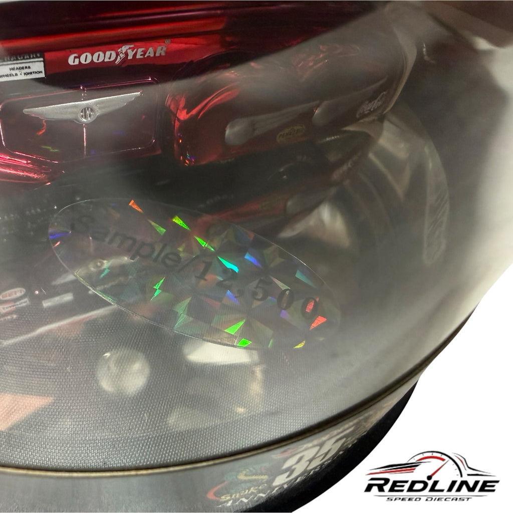 Redline Speed Diecast Mongoose Rocket Oil drag racing hauler in red Spectraflame finish with sample holographic label