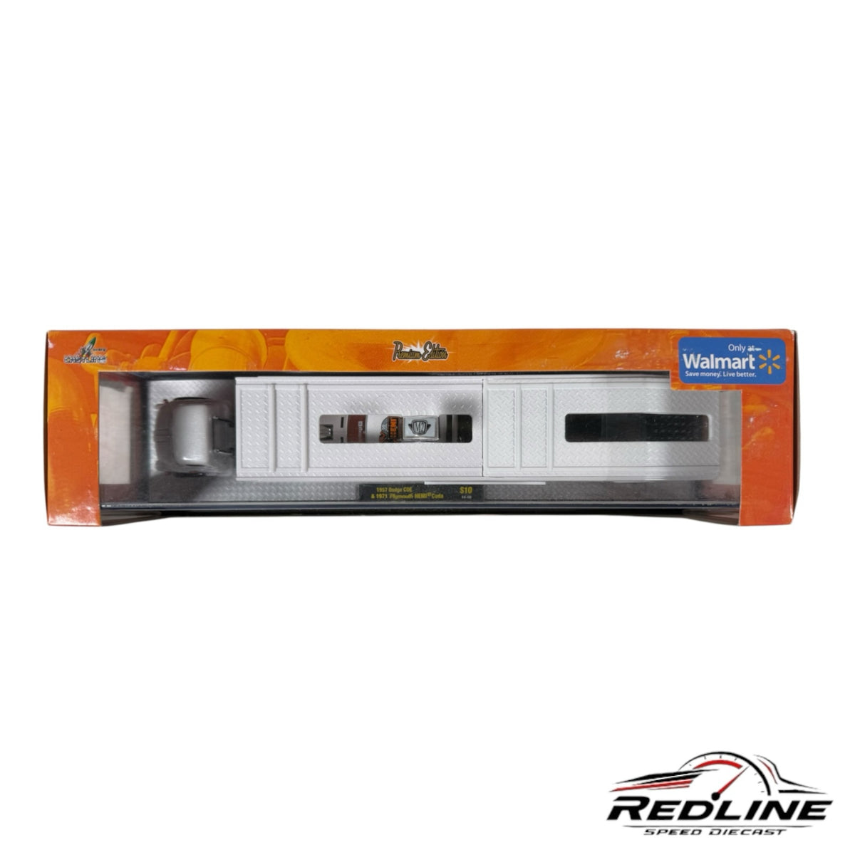 Redline Speed Diecast M2 Machines Mopar auto hauler set featuring a 1957 Dodge COE truck and 1971 Plymouth HEMI Cuda