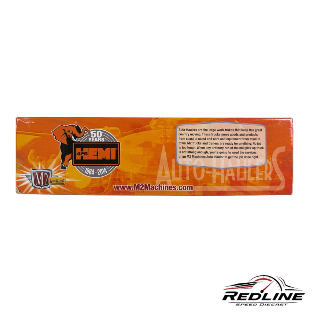 Redline Speed Diecast M2 Machines Mopar Auto Hauler packaging featuring 50 years of HEMI branding and orange graphics.