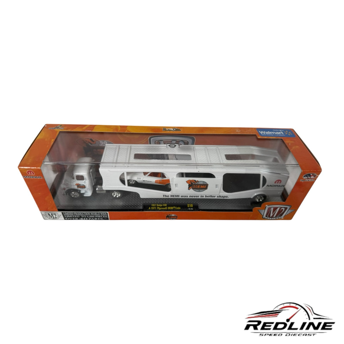 Redline Speed Diecast M2 Machines Mopar auto hauler set featuring a 1957 Dodge COE truck and 1971 Plymouth HEMI Cuda.