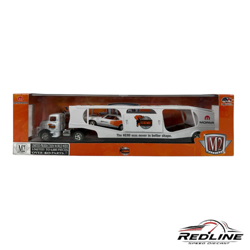 Redline Speed Diecast M2 Machines Mopar auto hauler set featuring a 1957 Dodge COE truck and 1971 Plymouth HEMI Cuda.