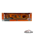 Redline Speed Diecast M2 Machines Mopar orange auto hauler truck and trailer set with HEMI 50th anniversary graphics