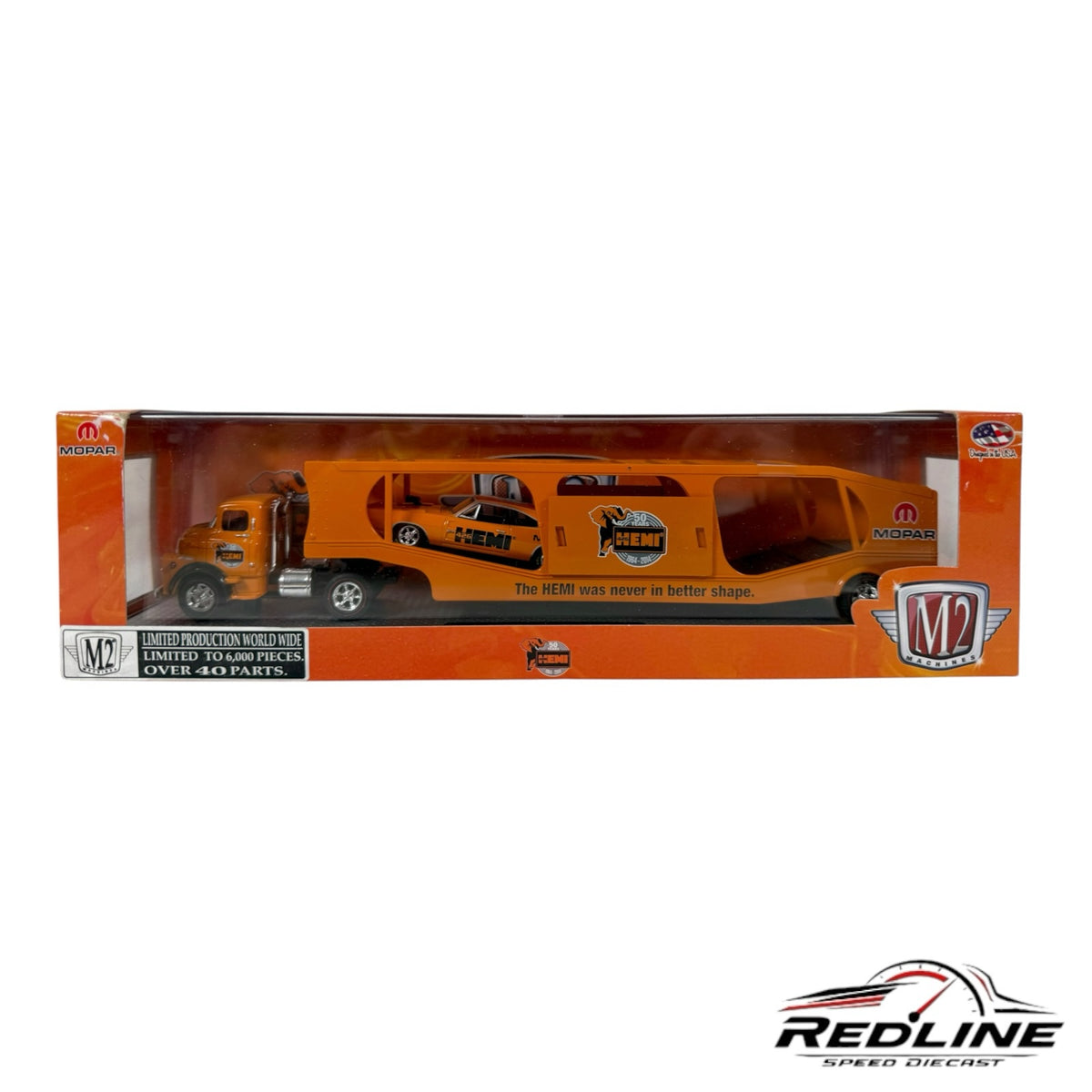 Redline Speed Diecast M2 Machines Mopar orange auto hauler truck and trailer set with HEMI 50th anniversary graphics
