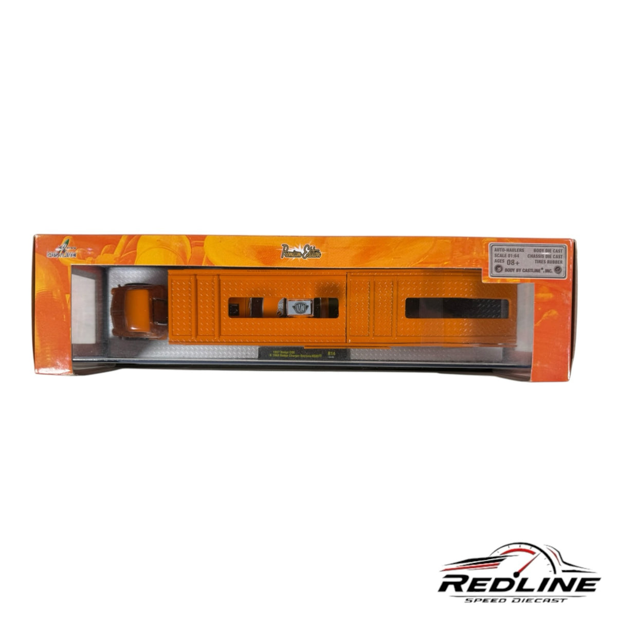Redline Speed Diecast M2 Machines Mopar orange auto hauler truck and trailer set in original display packaging