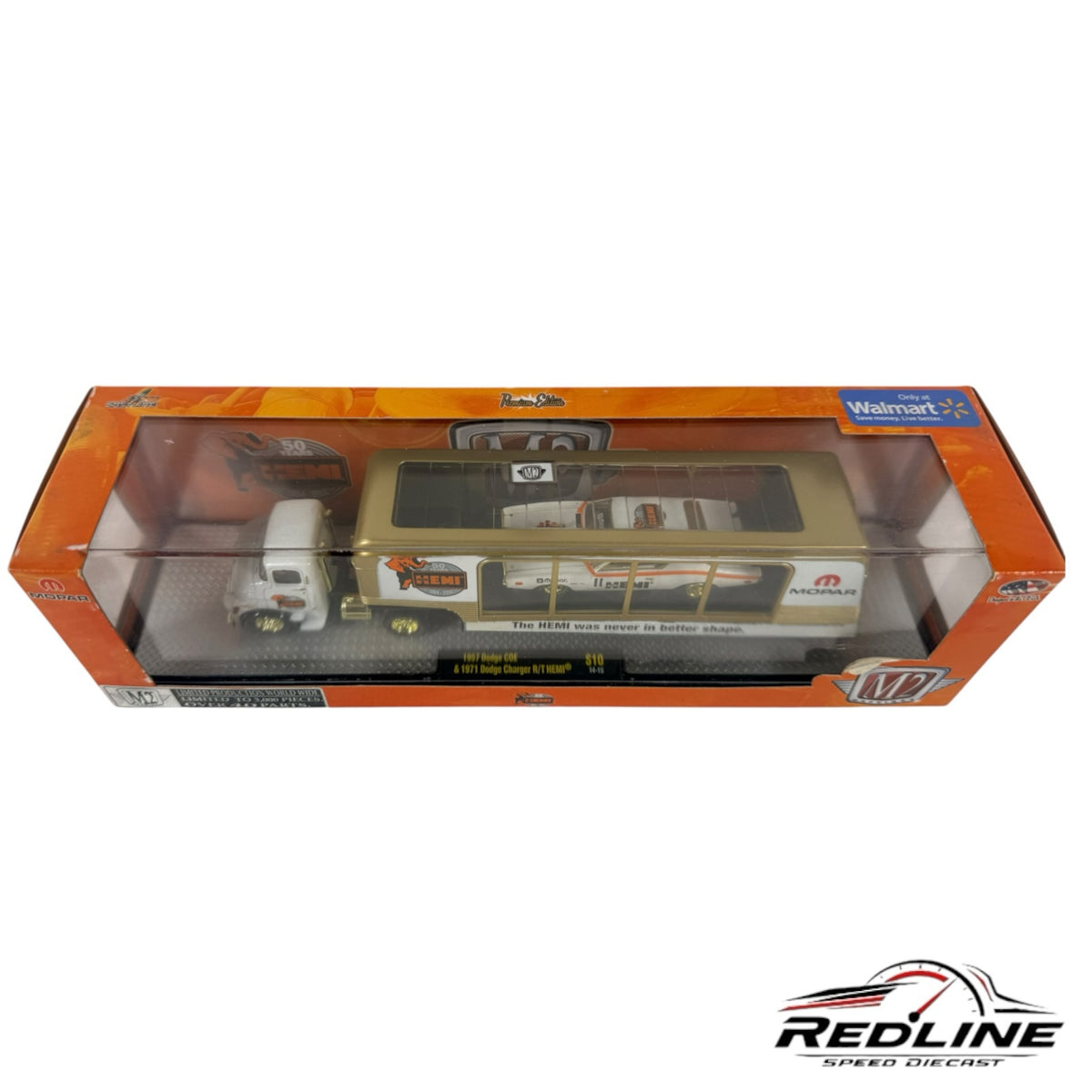 Redline Speed Diecast M2 Machines Mopar 50th Anniversary Dodge COE hauler and 1971 Charger R/T in gold and white