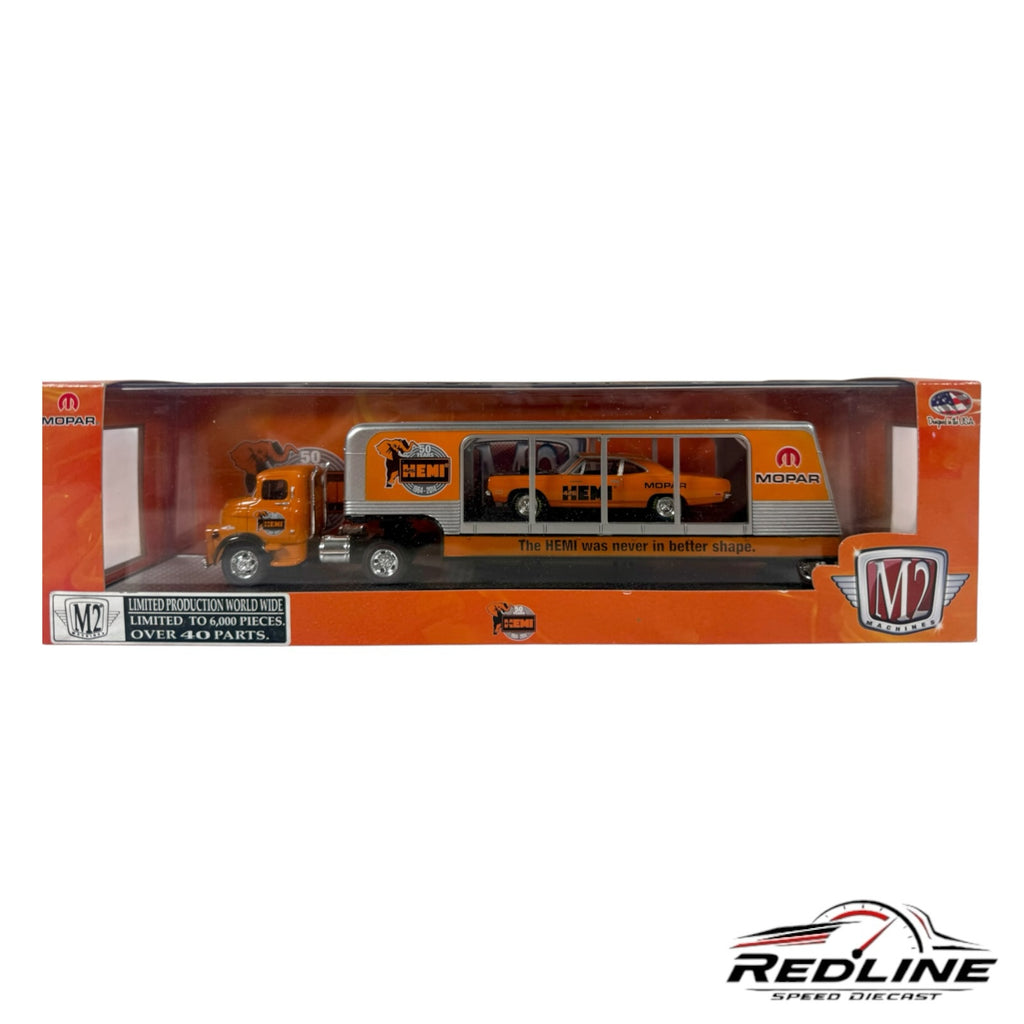 Redline Speed Diecast M2 Machines Mopar 50th Anniversary orange Dodge truck and Plymouth Road Runner hauler set