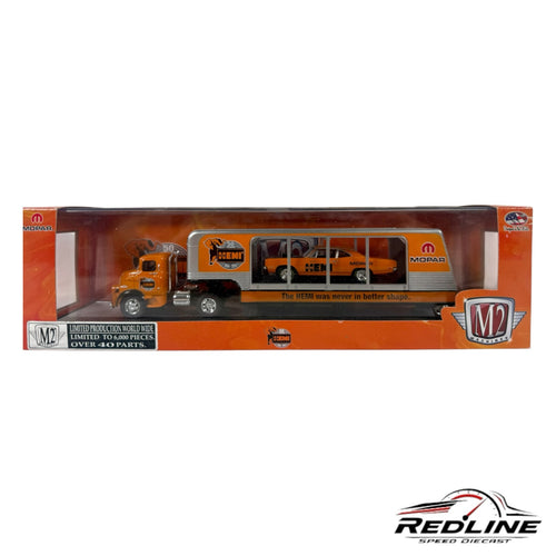 Redline Speed Diecast M2 Machines Mopar 50th Anniversary orange Dodge truck and Plymouth Road Runner hauler set