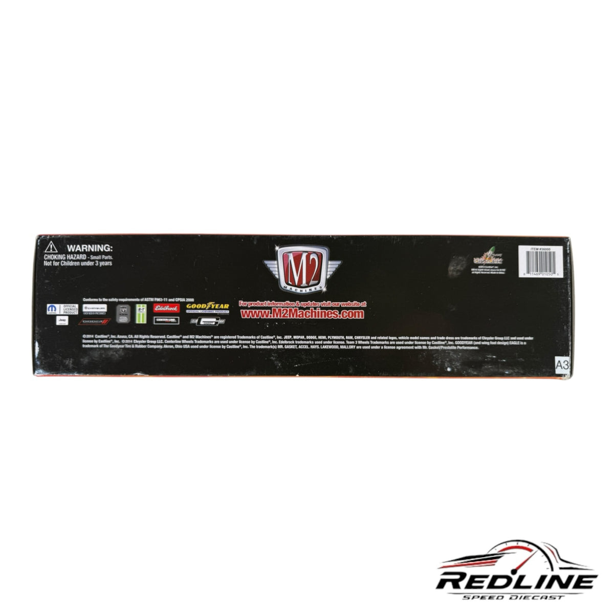 Redline Speed Diecast M2 Machines Mopar Auto Hauler packaging box back view with product information and warnings