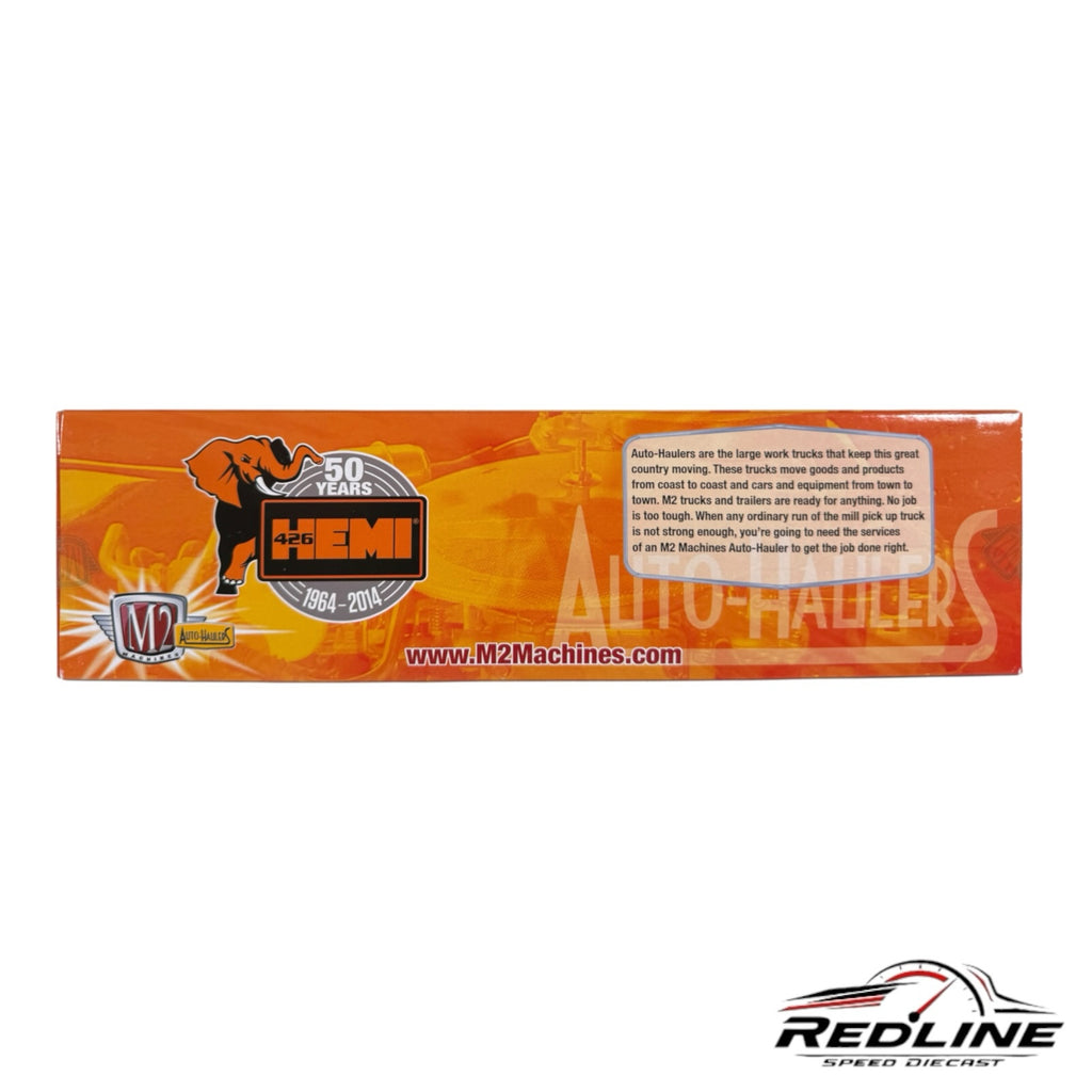 Redline Speed Diecast M2 Machines Mopar HEMI 50th anniversary auto hauler packaging box in orange