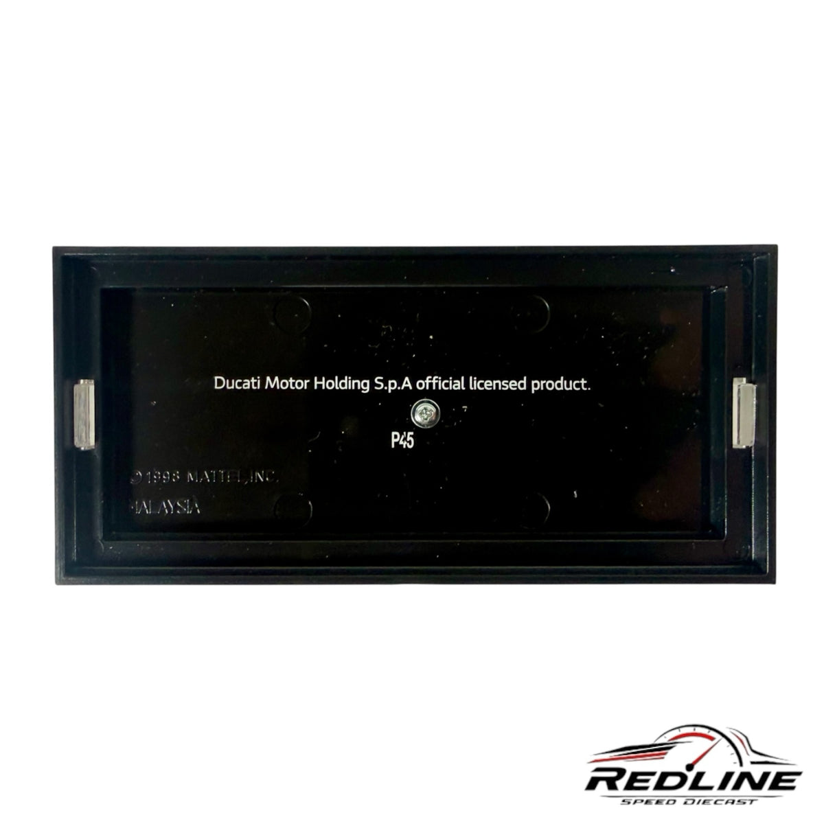Redline Speed Diecast black display base for Hot Wheels Ducati motorcycle with official licensing text