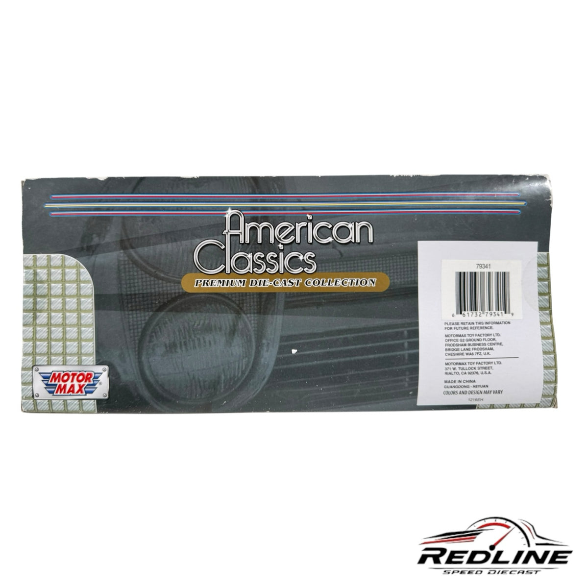 Redline Speed Diecast packaging for a MotorMax 1955 Ford F-100 pickup truck model from the American Classics series.