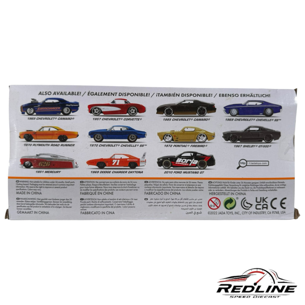 Redline Speed Diecast packaging back showing various Jada Toys Bigtime Muscle die-cast model car collection options.