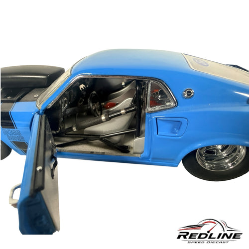 Redline Speed Diecast 1969 Ford Mustang Boss Nine model with blue body, black hood, and detailed race interior.