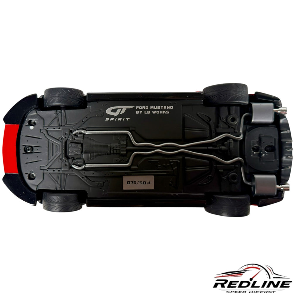Underside view of Redline Speed Diecast Liberty Walk Ford Mustang model showing chassis, exhaust, and limited edition tag