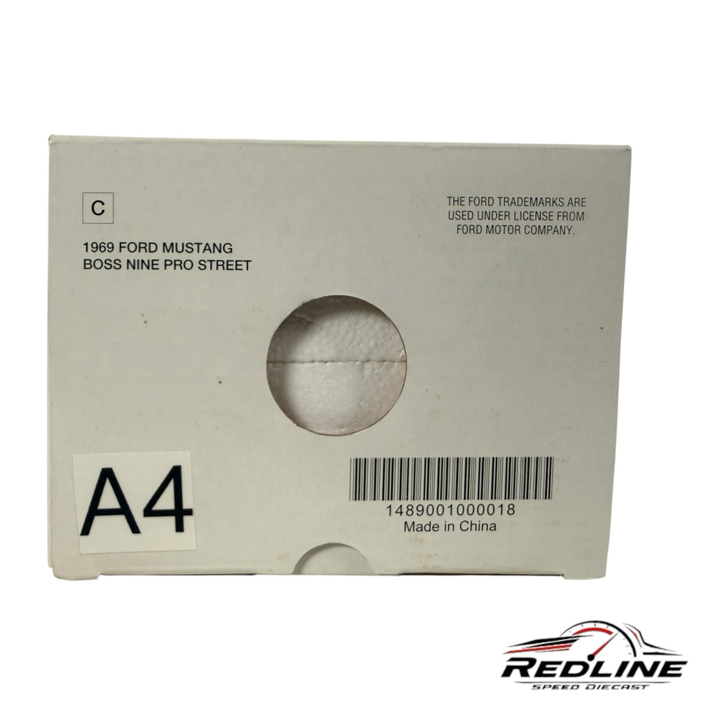 Redline Speed Diecast packaging box for the 1969 Ford Mustang Boss Nine Pro Street model with product label and barcode