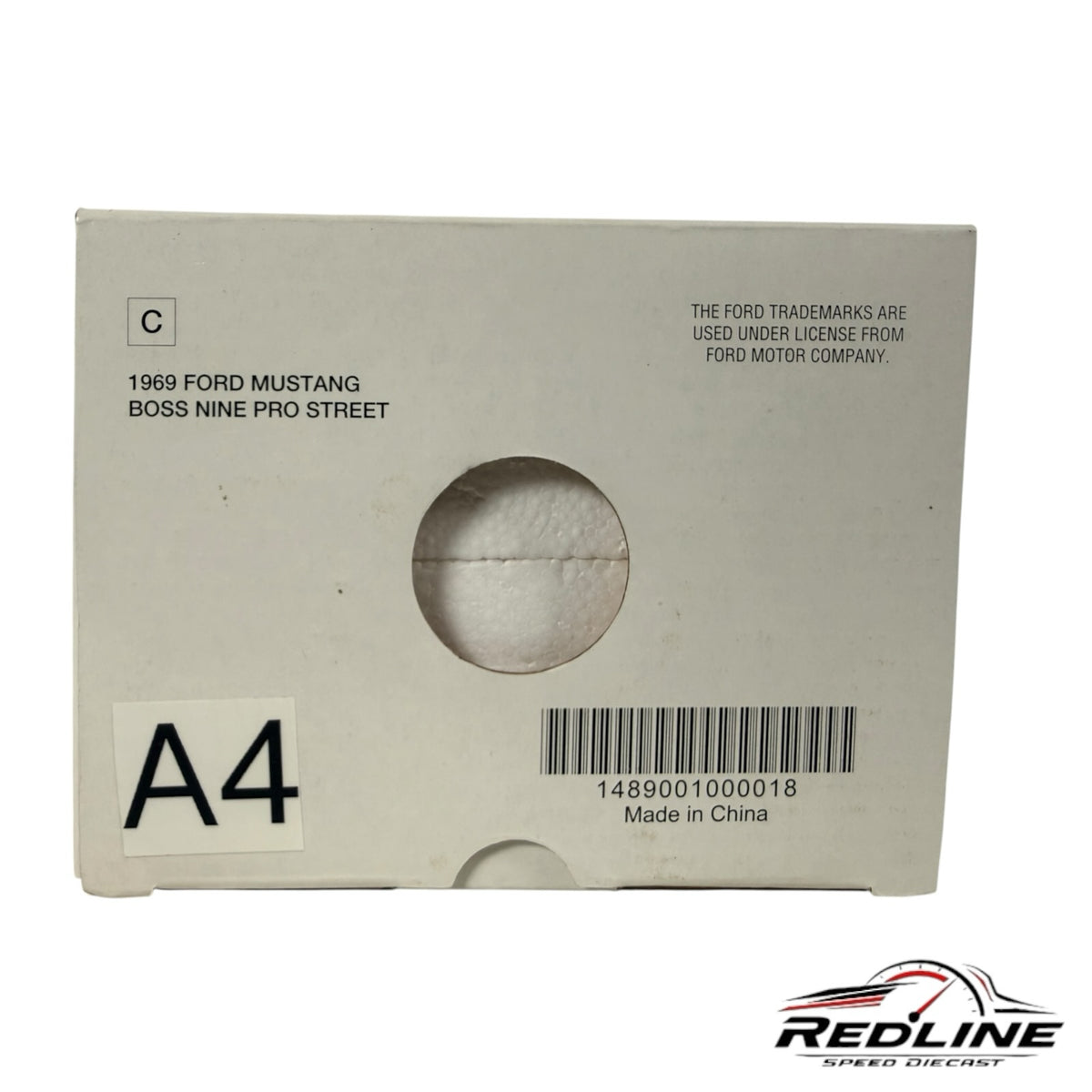 Redline Speed Diecast packaging box for the 1969 Ford Mustang Boss Nine Pro Street model with product label and barcode