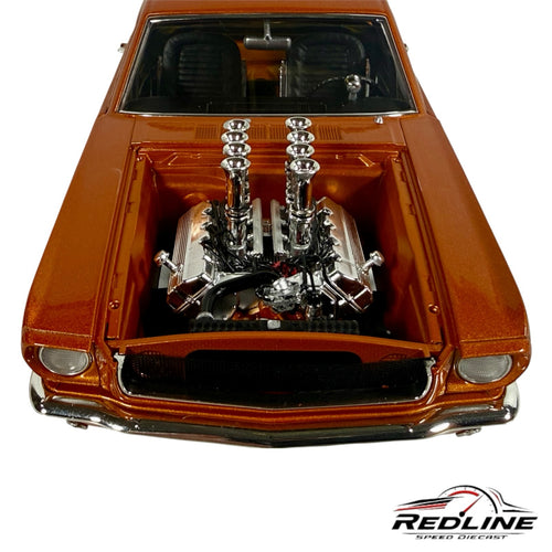 Redline Speed Diecast 1:18 scale metallic orange 1965 Ford Mustang AF/X model with detailed chrome engine and stacks