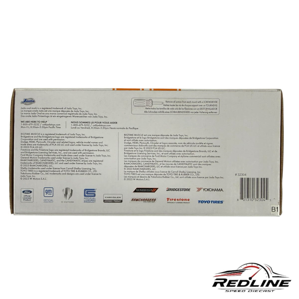 Redline Speed Diecast packaging back view for Jada Toys 1989 Ford Mustang GT model with official licensing logos
