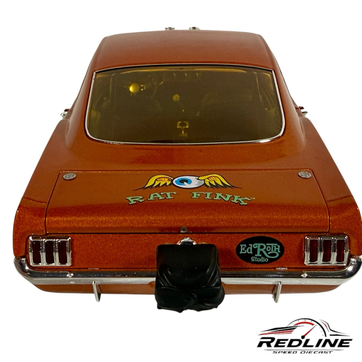 Redline Speed Diecast 1:18 scale 1965 Ford Mustang AF/X replica in metallic orange with Rat Fink rear graphics