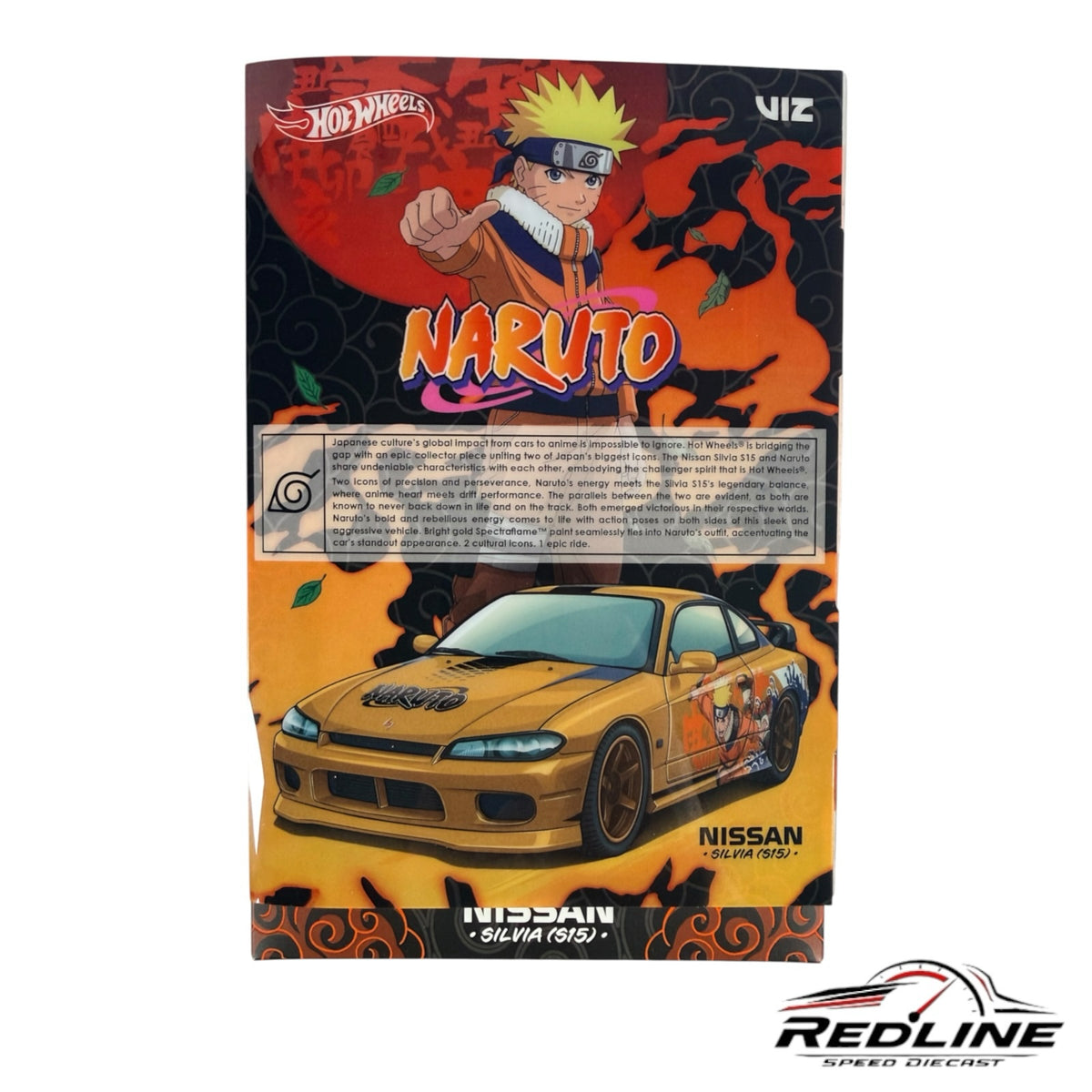 Redline Speed Diecast Naruto Nissan Silvia S15 collectible packaging with gold car and anime character artwork
