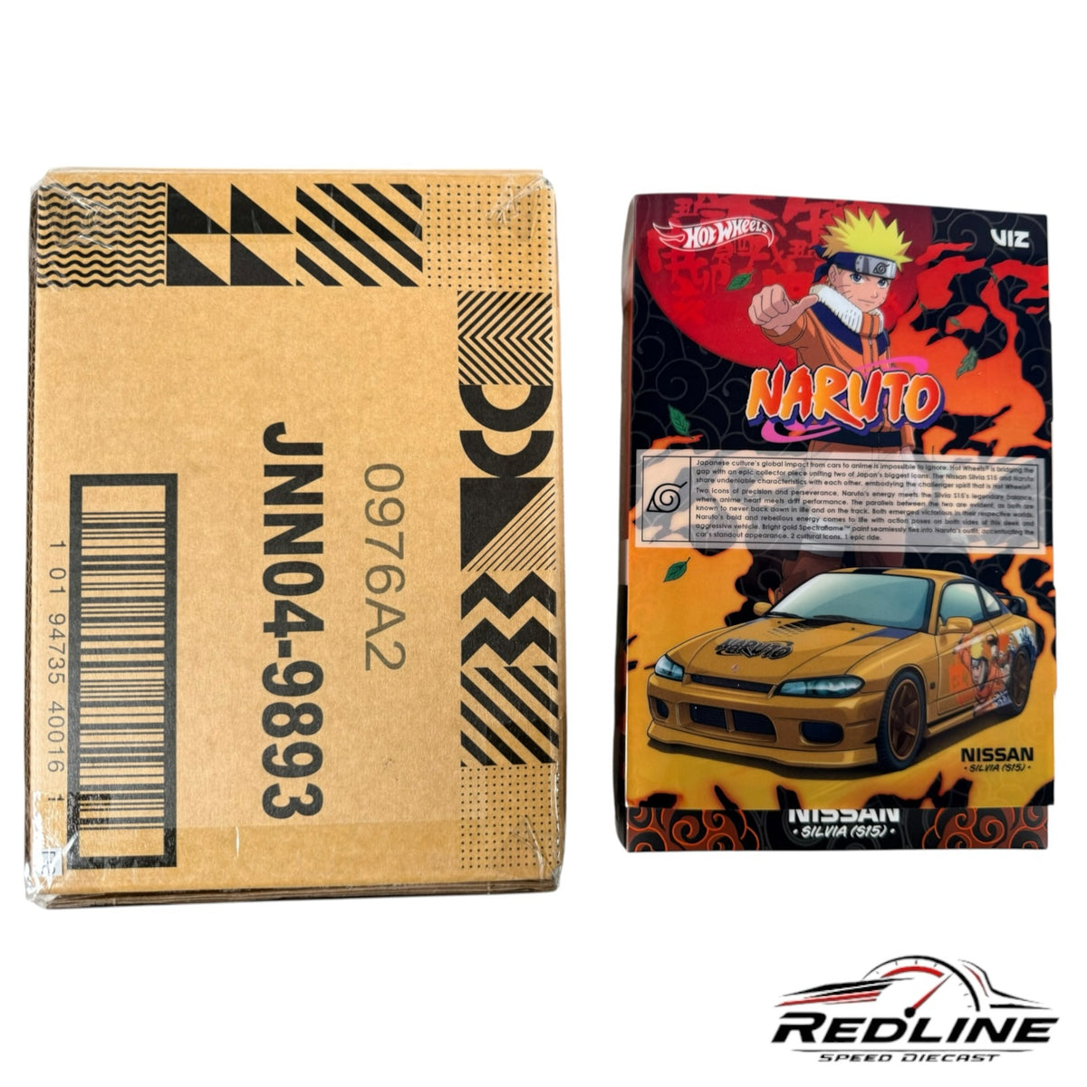 Redline Speed Diecast Naruto Nissan Silvia S15 collectible car in gold Spectraflame paint with anime-themed packaging.