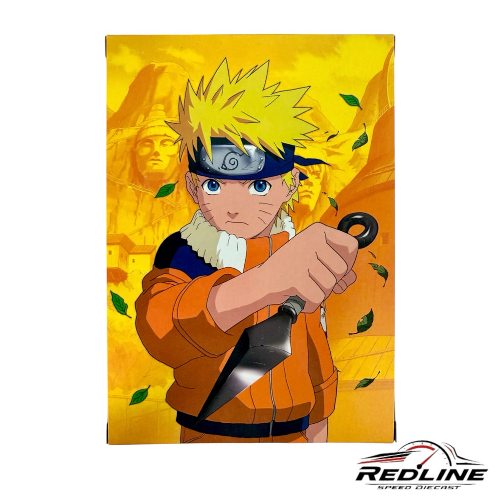Redline Speed Diecast Naruto collector packaging featuring Naruto Uzumaki holding a kunai in front of Hidden Leaf