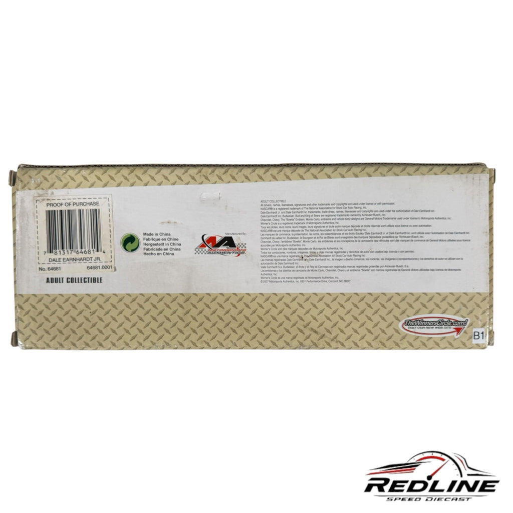 Redline Speed Diecast packaging for a Dale Earnhardt Jr NASCAR collectible featuring product details and barcodes.