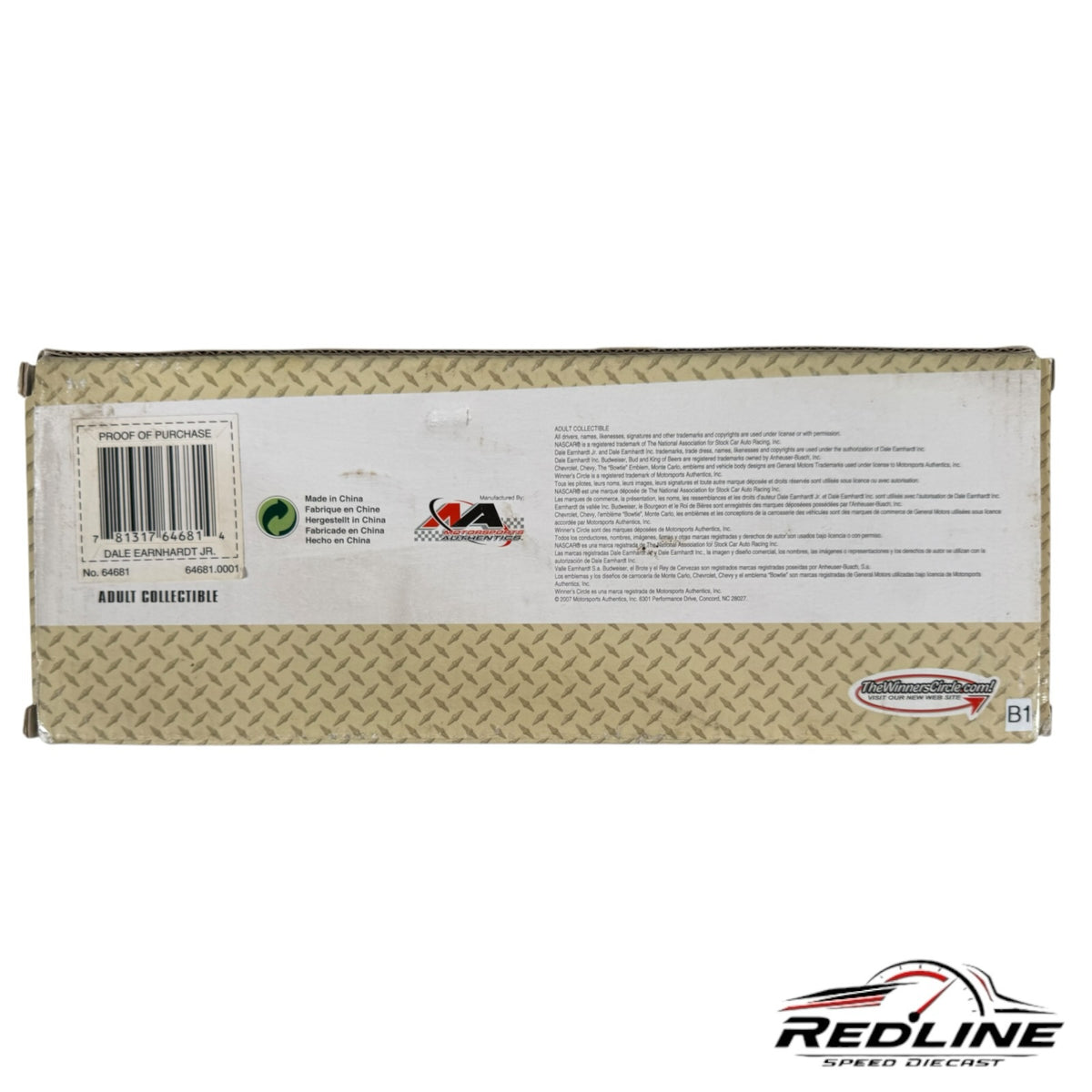 Redline Speed Diecast packaging for a Dale Earnhardt Jr NASCAR collectible featuring product details and barcodes.