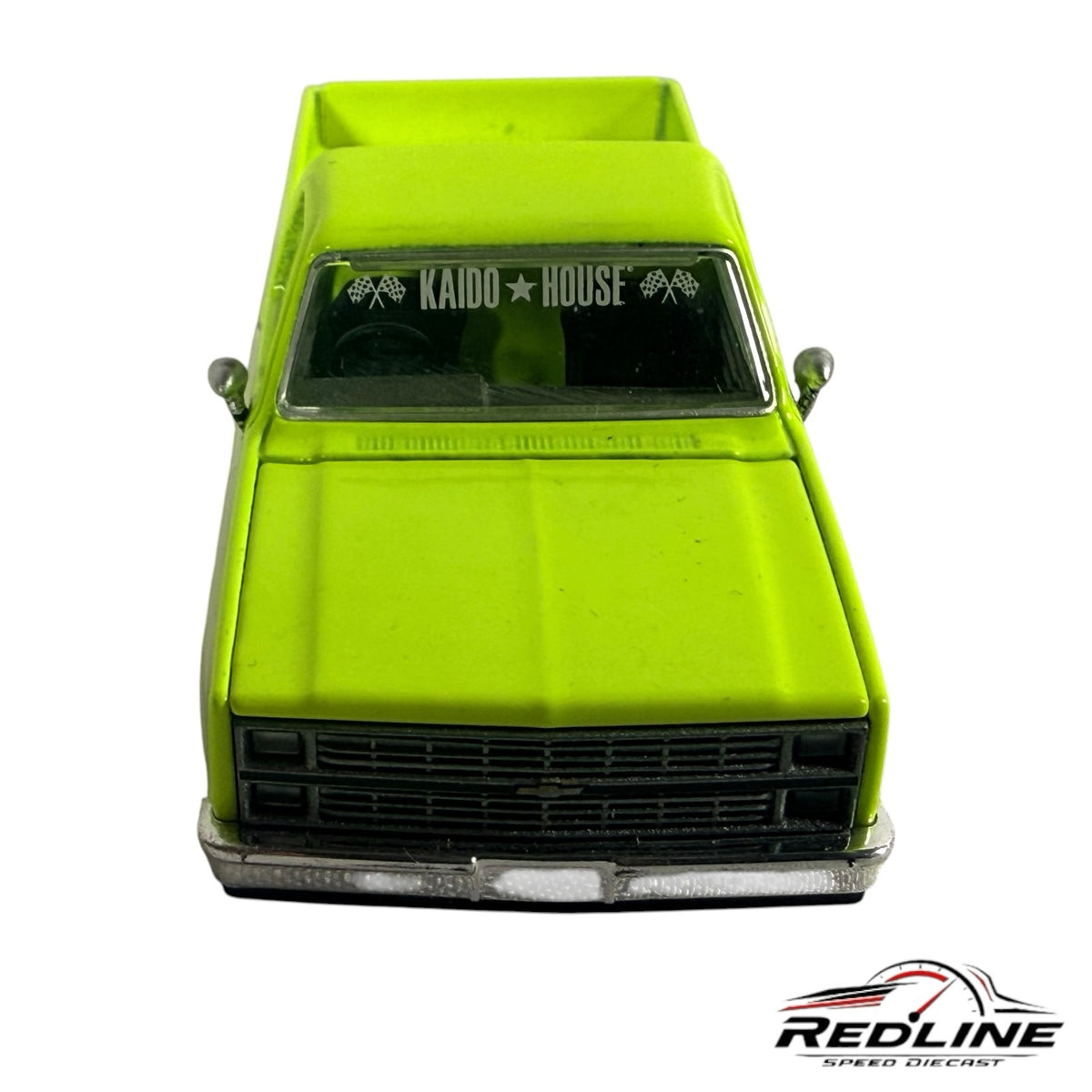 Redline Speed Diecast 1:64 scale neon green 1983 Chevrolet Silverado model truck with Kaido House windshield banner
