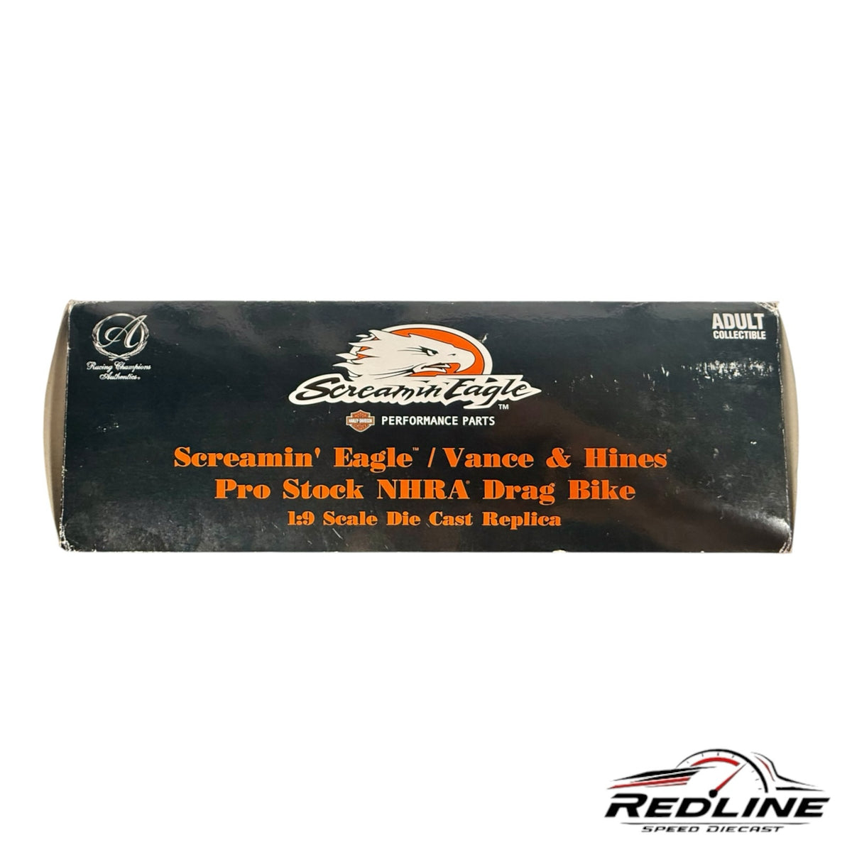 Redline Speed Diecast packaging box for the 1:9 scale Screamin' Eagle Vance & Hines Pro Stock NHRA drag bike replica.