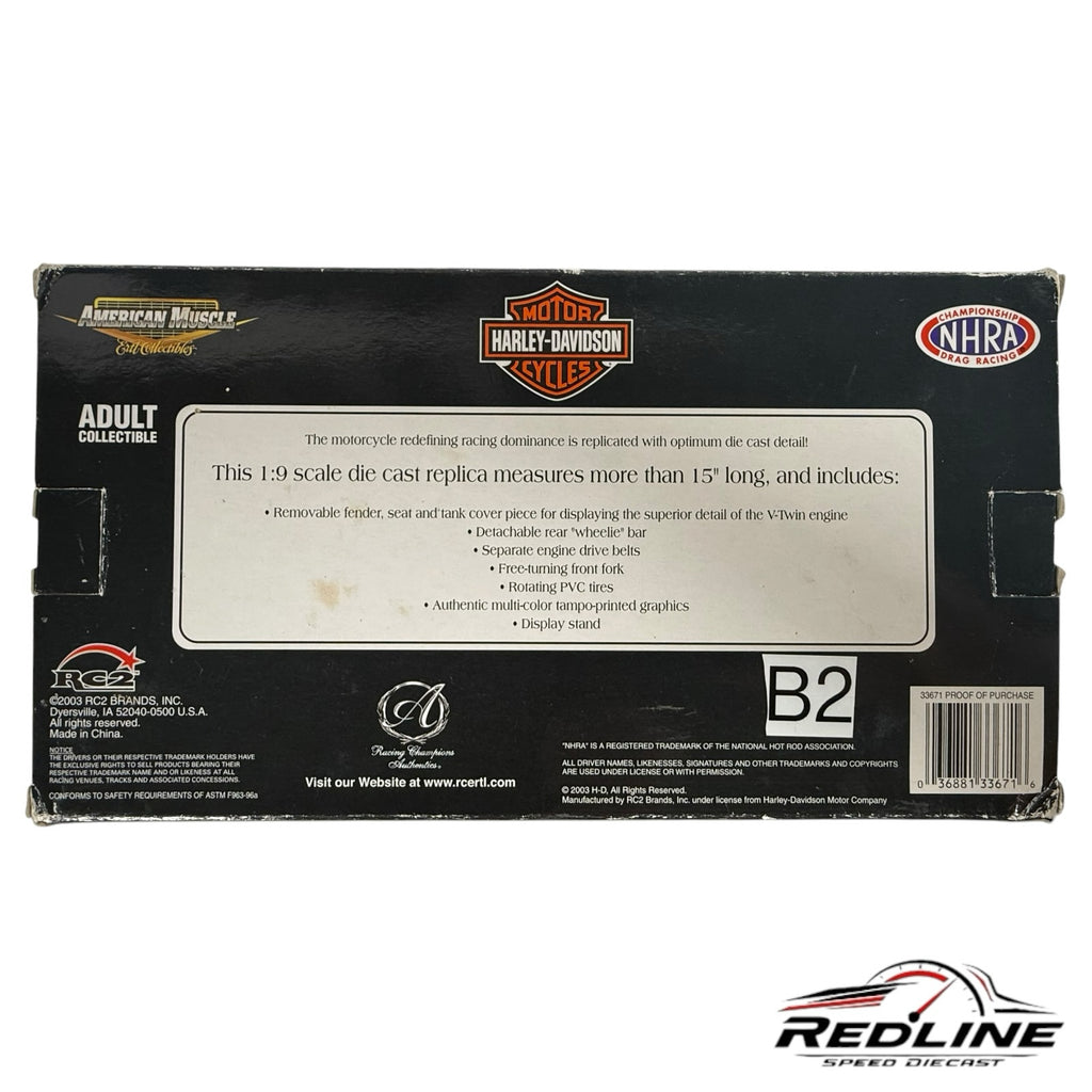 Redline Speed Diecast packaging box for the 1:9 scale Harley-Davidson NHRA Pro Stock drag bike replica