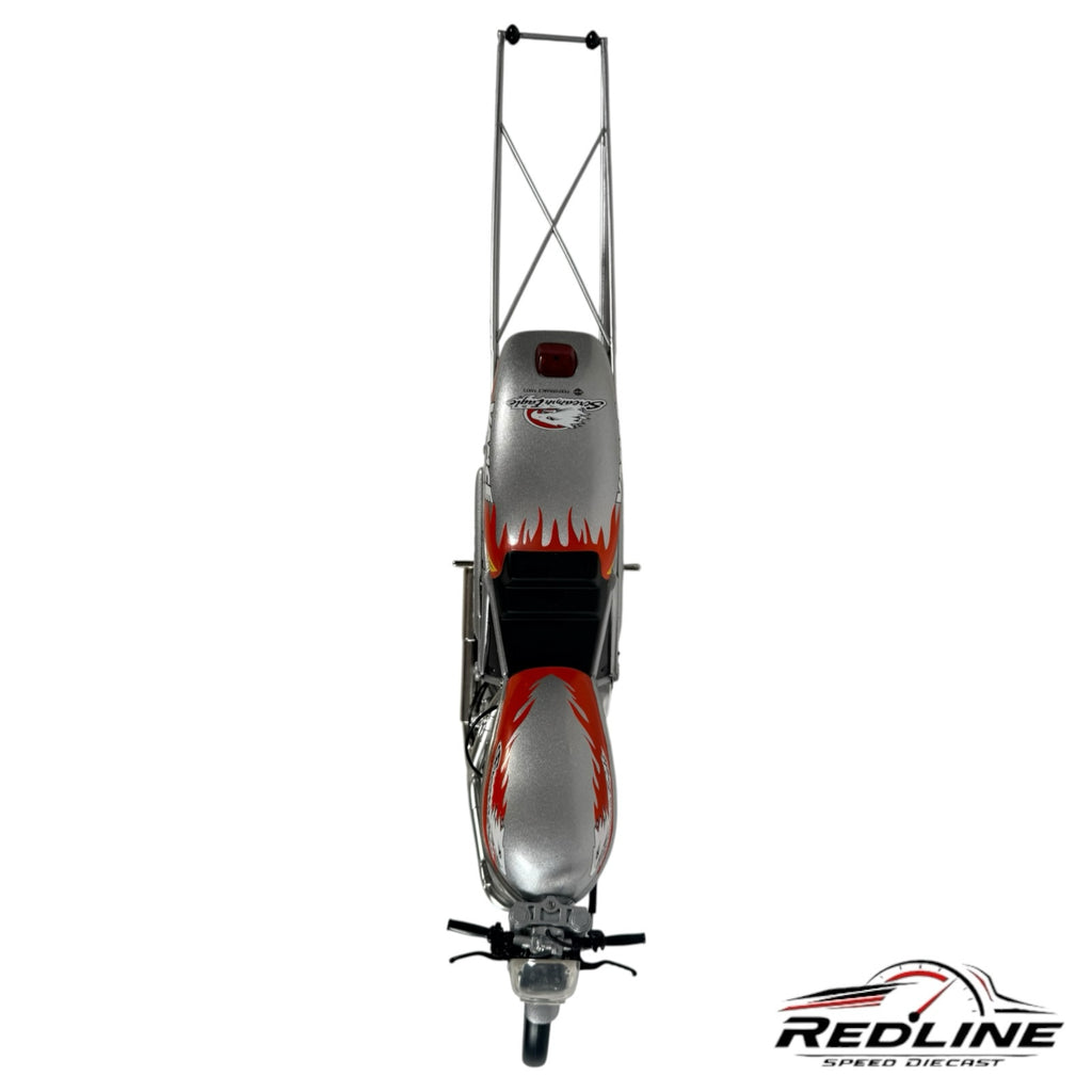 Redline Speed Diecast 1:9 scale Screamin' Eagle Vance & Hines NHRA drag bike model in silver with red flame graphics