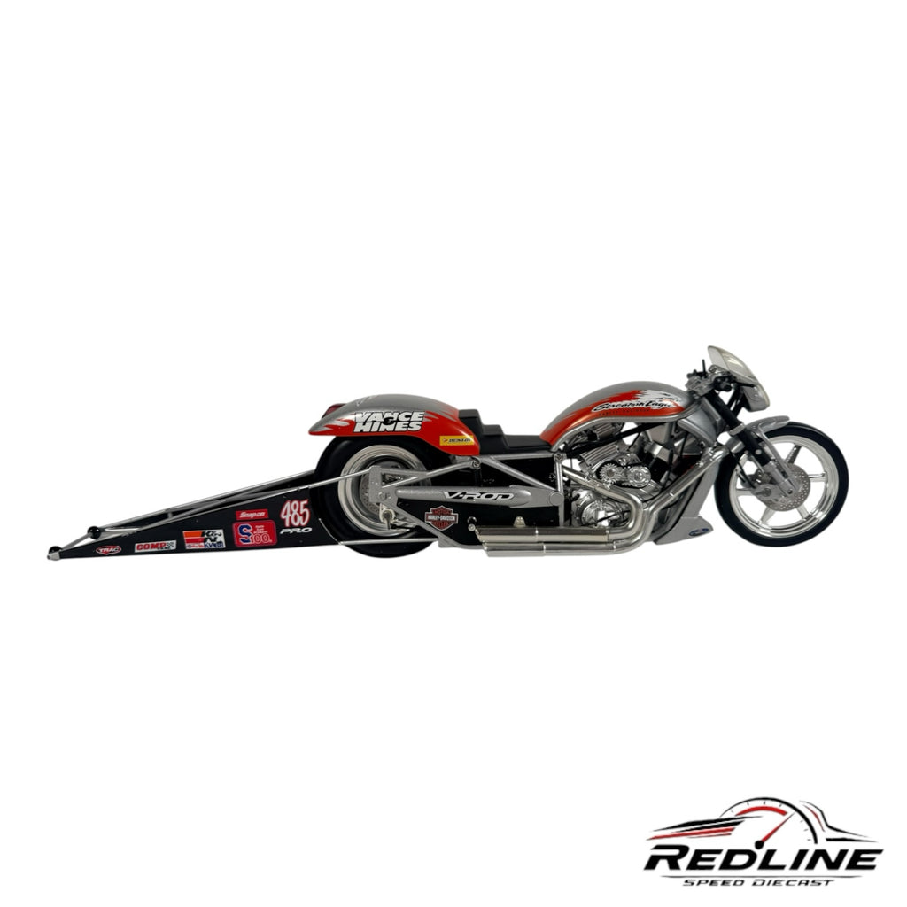 Redline Speed Diecast 1:9 scale Screamin' Eagle Vance & Hines NHRA drag bike replica in silver and red with V-Rod styling