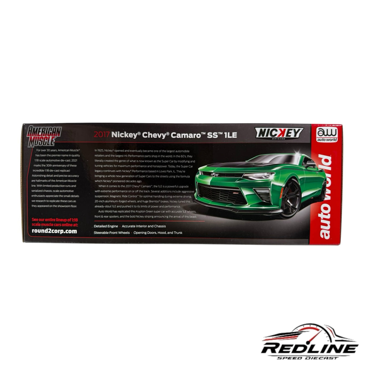 Redline Speed Diecast 2017 Nickey Chevy Camaro SS 1LE model car packaging box with Krypton Green car illustration