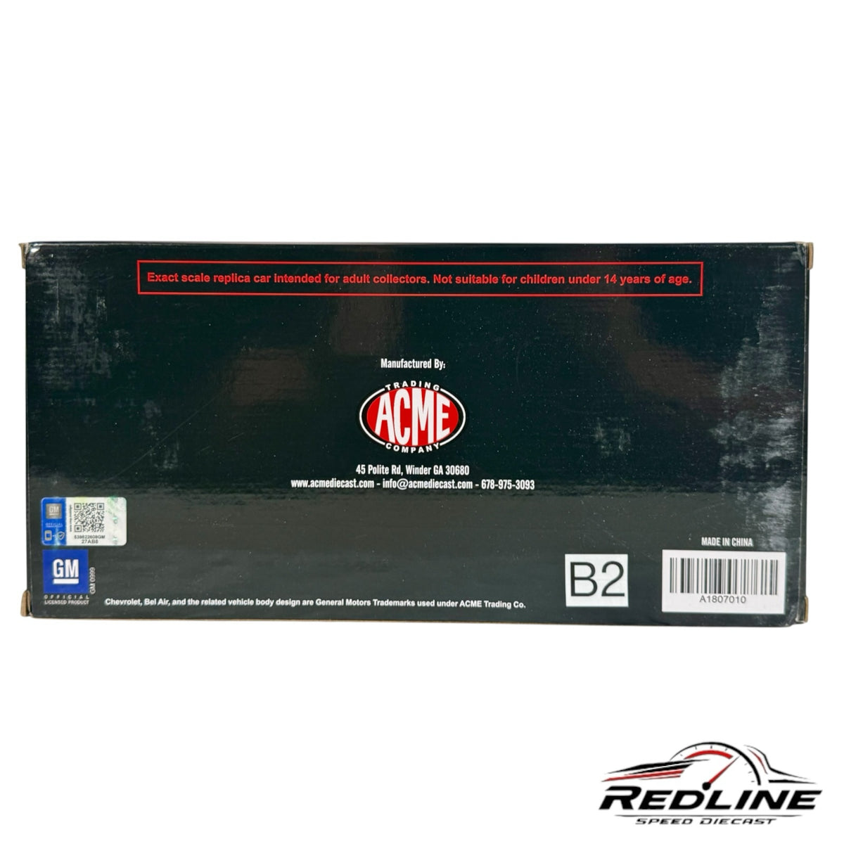 Redline Speed Diecast packaging box for the Night Stalker 1957 Chevrolet Bel Air Gasser model with official branding