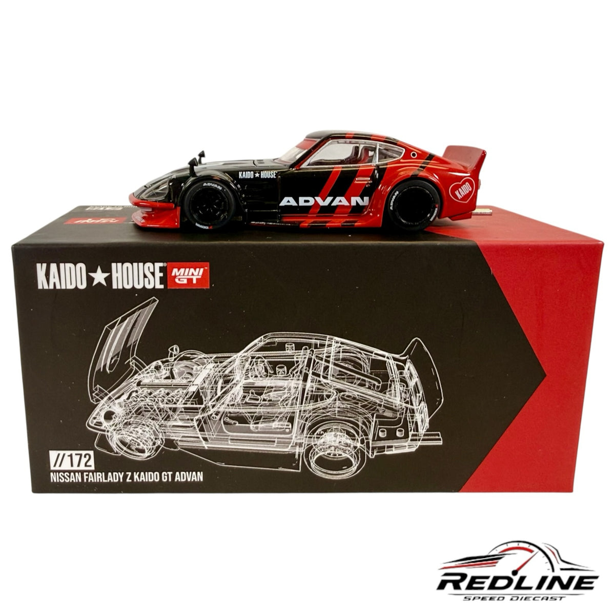Redline Speed Diecast Nissan Fairlady Z model car in black and red Advan livery with wide-body kit and racing decals.