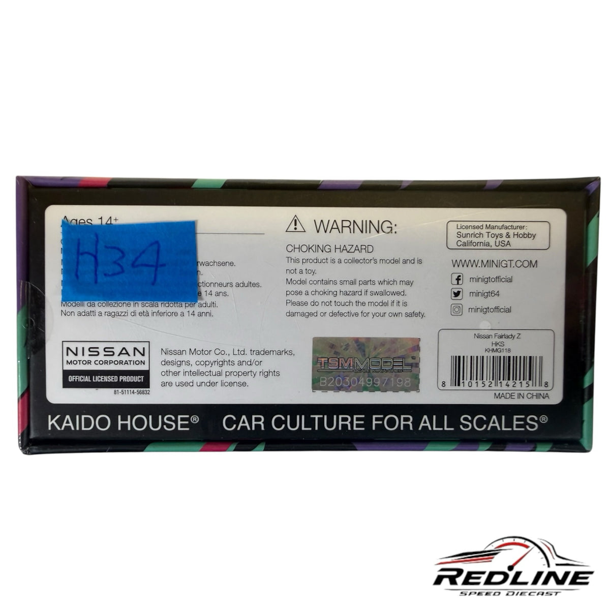 Back of Redline Speed Diecast Kaido House Nissan Fairlady Z HKS box with safety warnings and product information