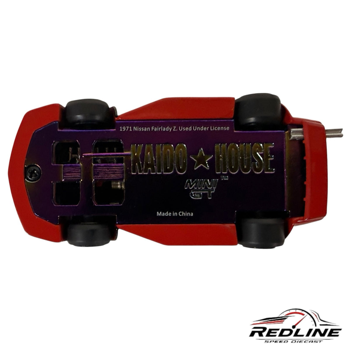 Underside of Redline Speed Diecast Nissan Fairlady Z model showing purple chassis with Kaido House branding