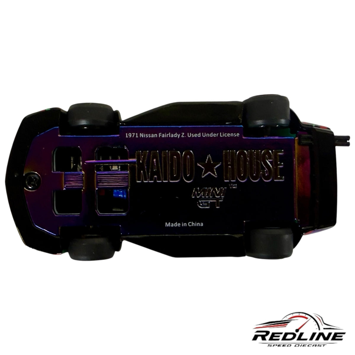 Redline Speed Diecast KAIDO HOUSE Nissan Fairlady Z model car showing the iridescent metal chassis underside
