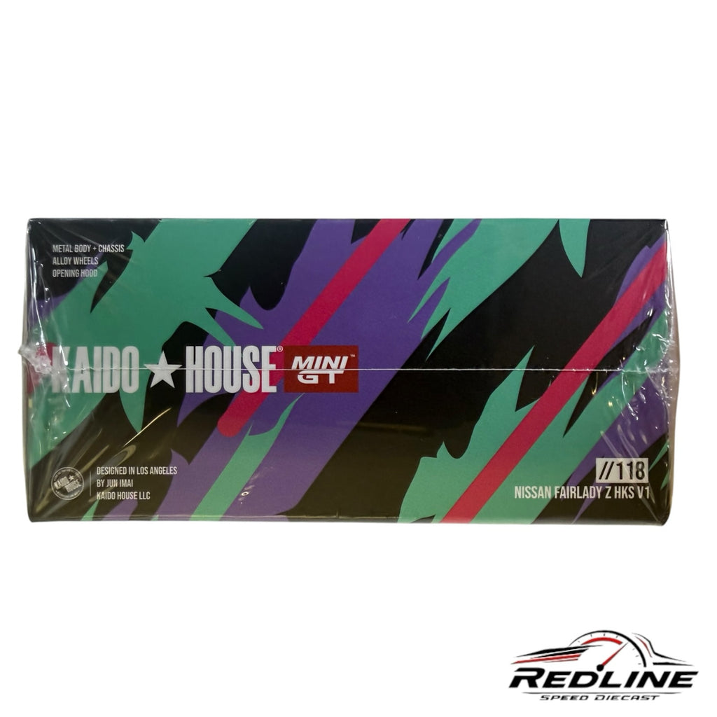 Redline Speed Diecast Kaido House Mini GT Nissan Fairlady Z HKS V1 model car packaging box with vibrant graphic design