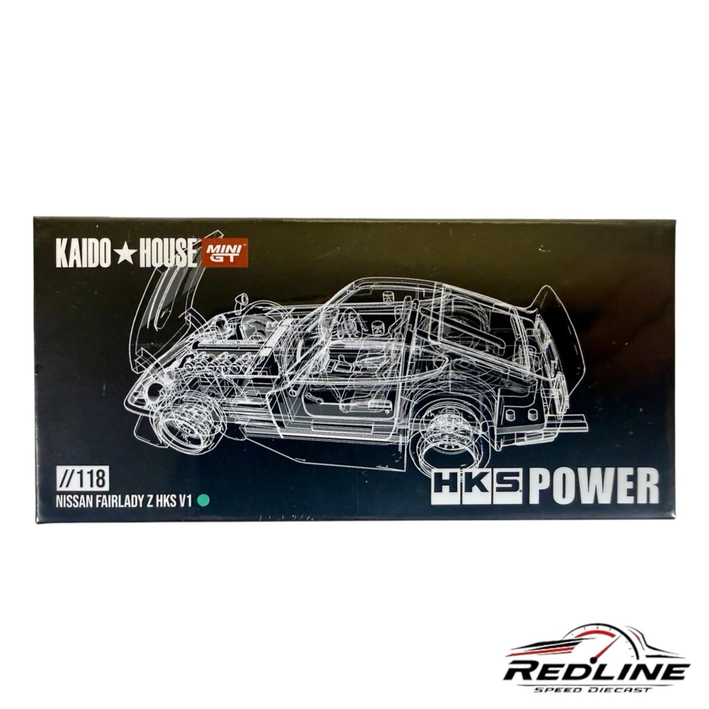 Redline Speed Diecast packaging for Kaido House Mini GT Nissan Fairlady Z HKS V1 model with white wireframe graphic