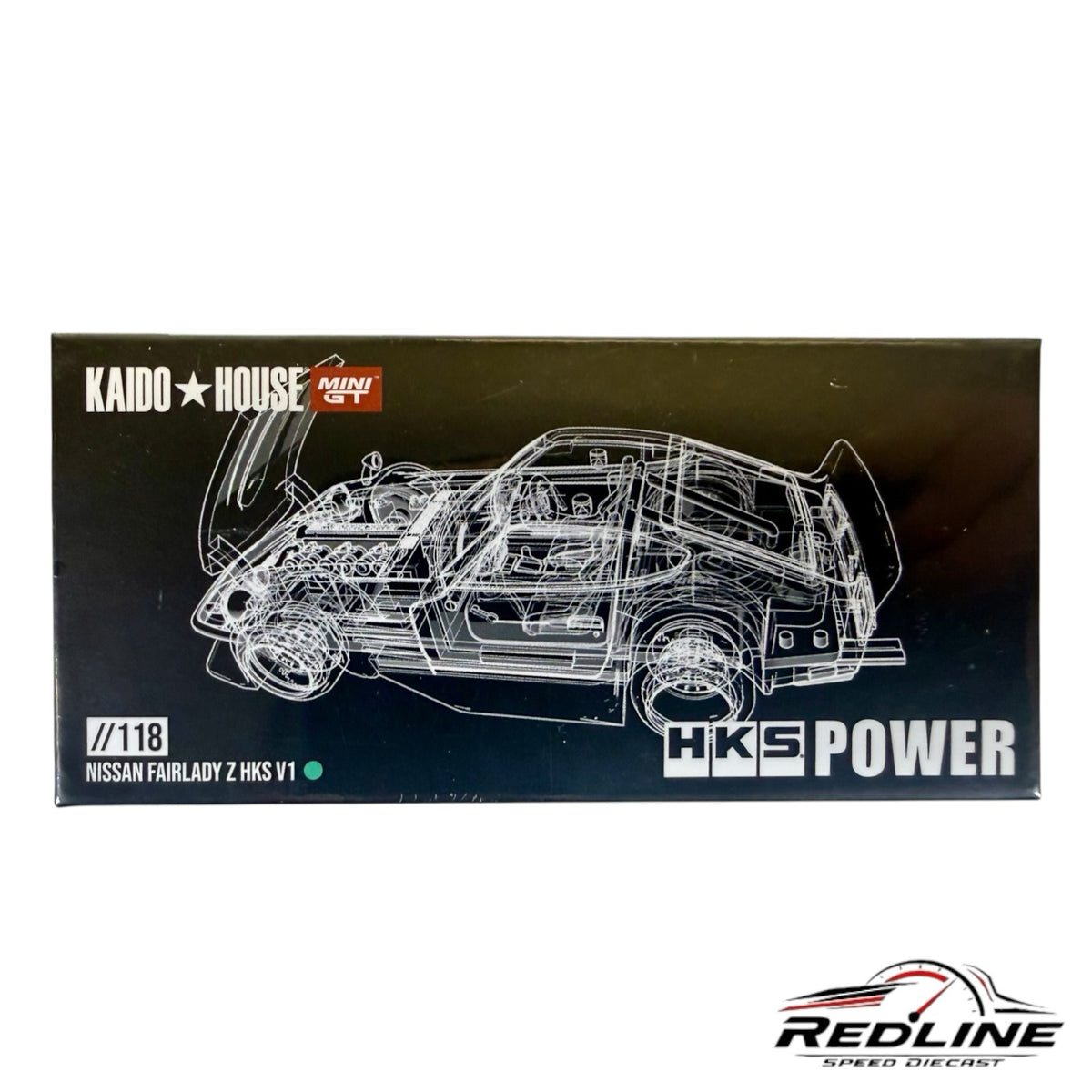 Redline Speed Diecast packaging for Kaido House Mini GT Nissan Fairlady Z HKS V1 model with white wireframe graphic