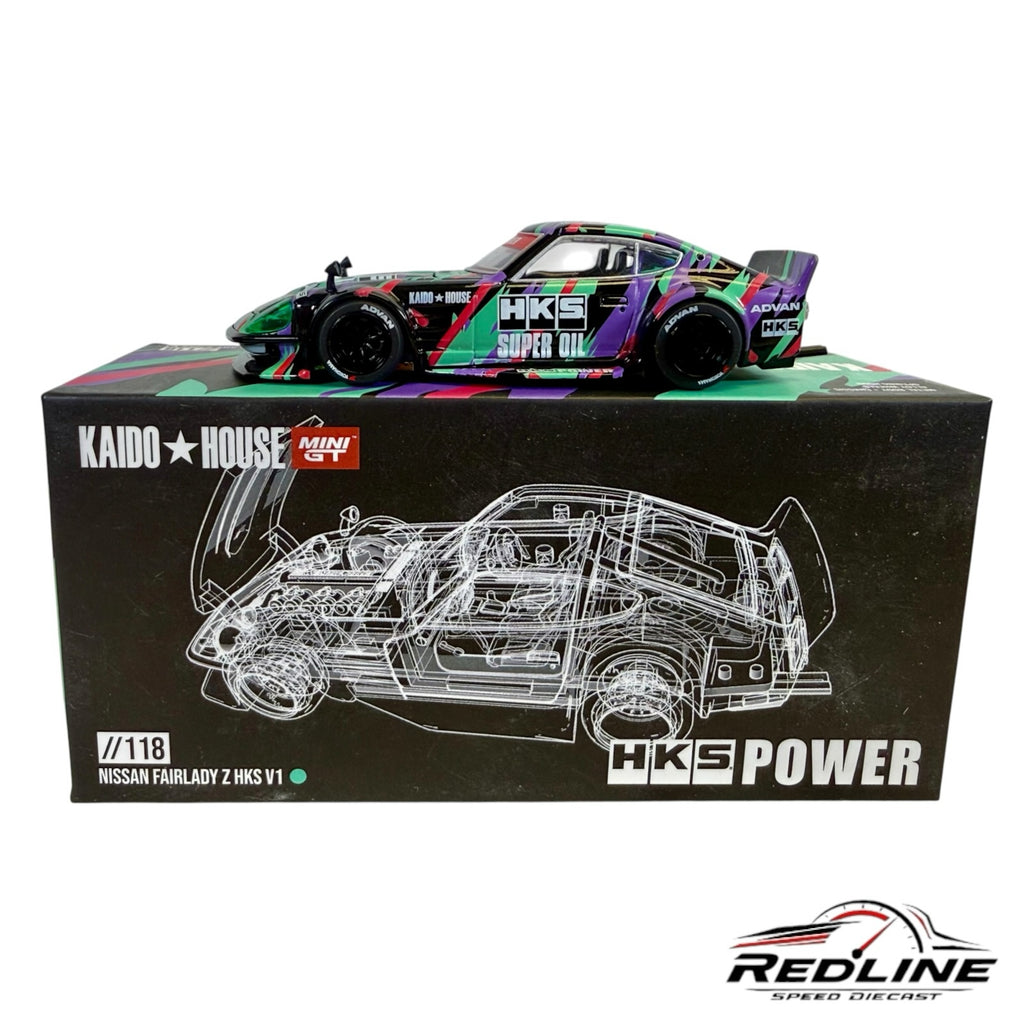 Redline Speed Diecast 1:64 scale Nissan Fairlady Z HKS V1 model car with vibrant multi-colored racing livery