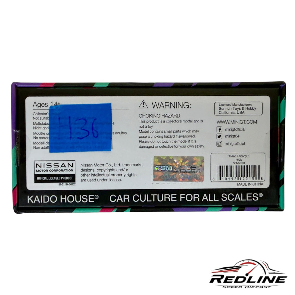 Redline Speed Diecast packaging back for KAIDO HOUSE Nissan Fairlady Z model with official licensing and warnings