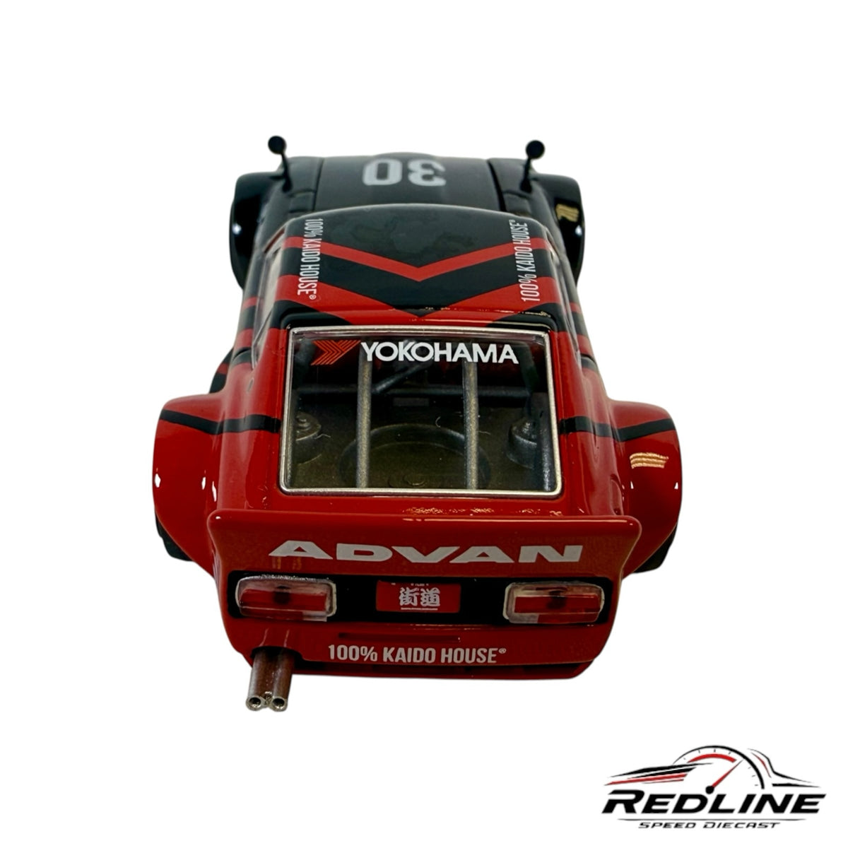 Redline Speed Diecast KAIDO HOUSE Nissan Fairlady Z model car in black and red ADVAN livery, rear view.