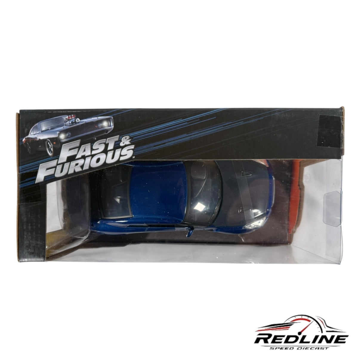 Redline Speed Diecast Fast and Furious Nissan GT-R R35 model car in blue, viewed from above in its original packaging.